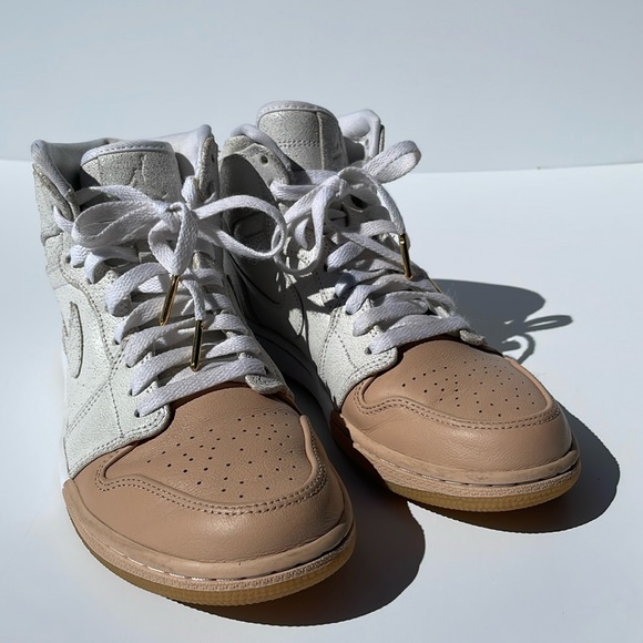 Dipped Retro Air Jordan 1 high top lustre white leather with tan toe & gold logo - Picture 3 of 10